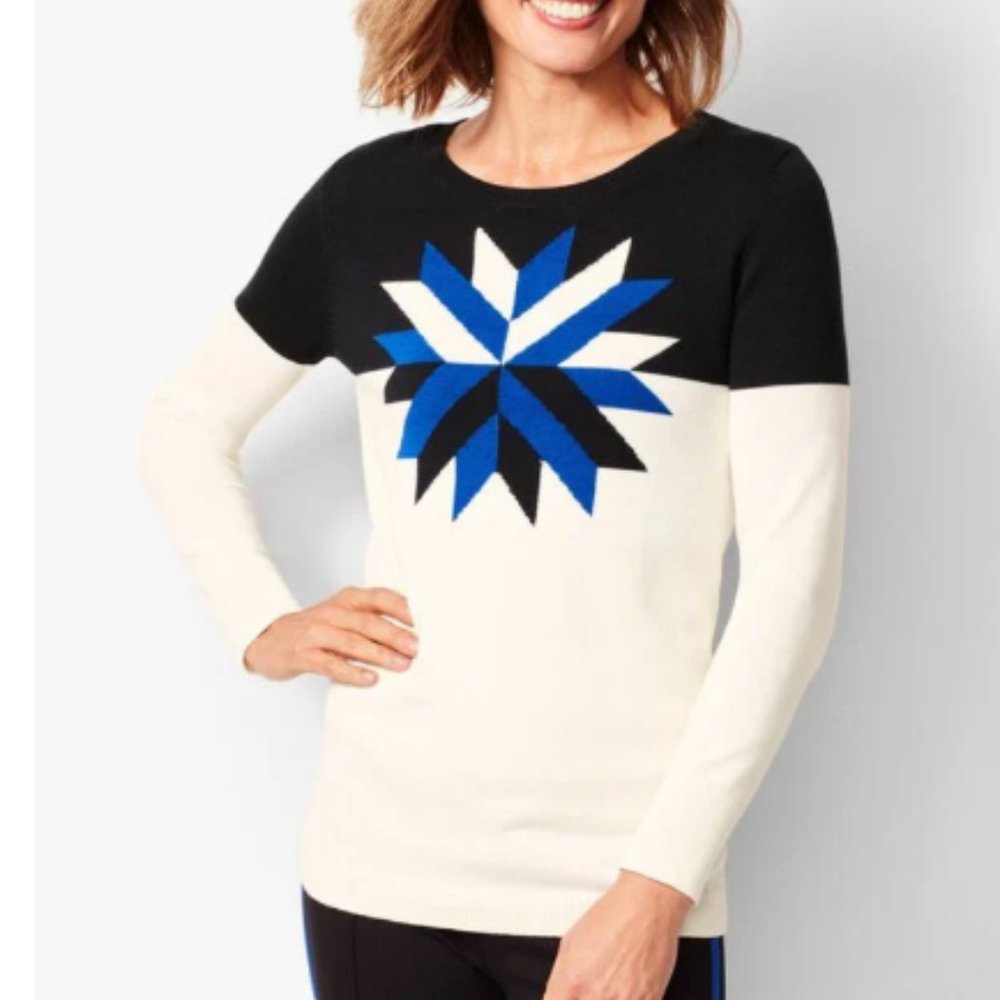 Talbots Wool Snowflake Sweater Sz L Blue Black Cream Intarsia Knit Colorblock